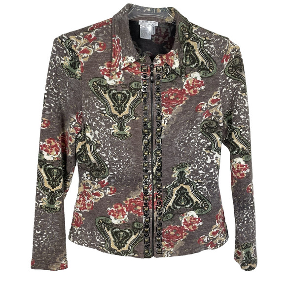 Alberto Makali Full Zip Jacket Womens L Taupe Floral Metal Studs Boho Edgy Artsy - Picture 1 of 10